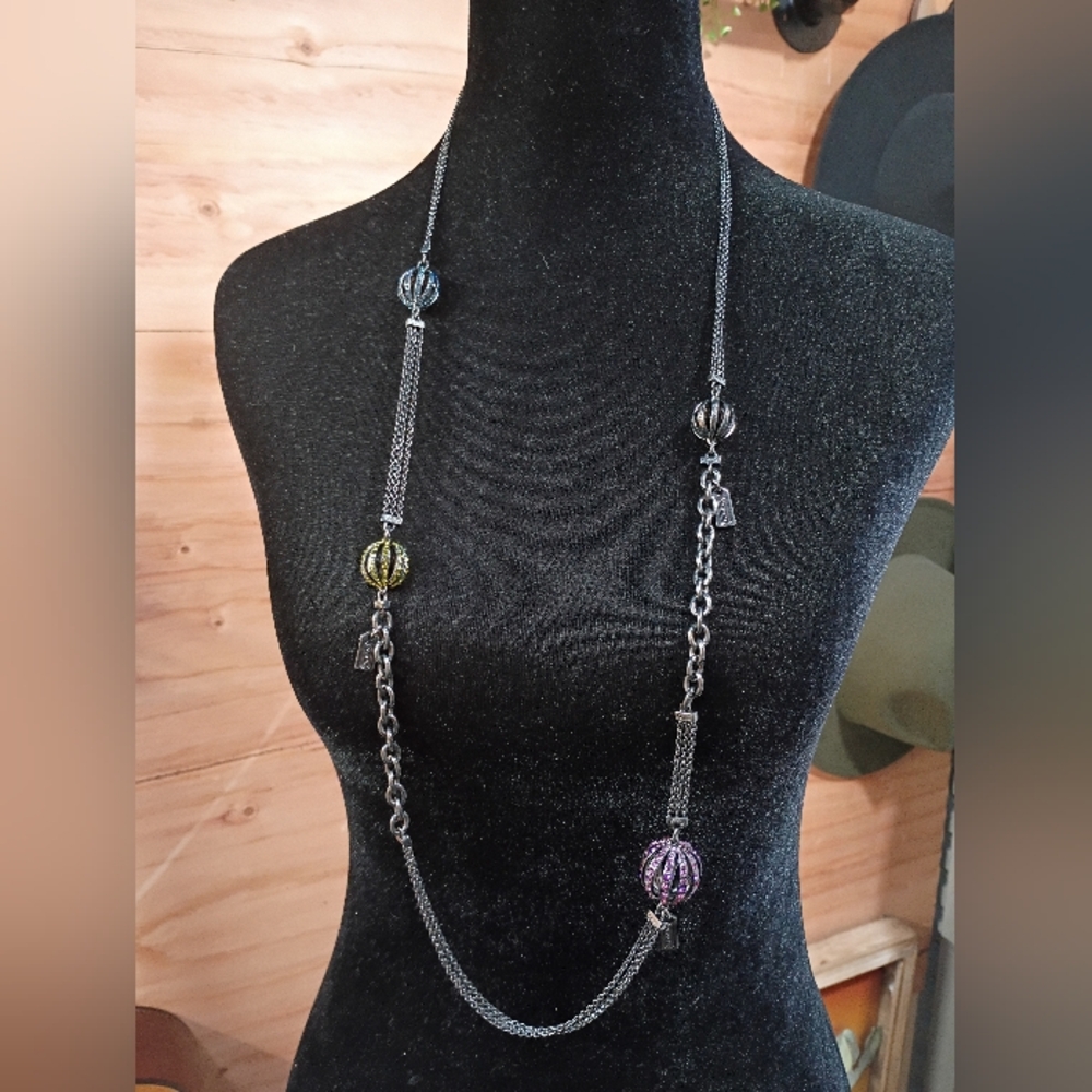 Authentic COACH Mixed Bead Long Station Necklace - Gunmetal & Hematite Tones